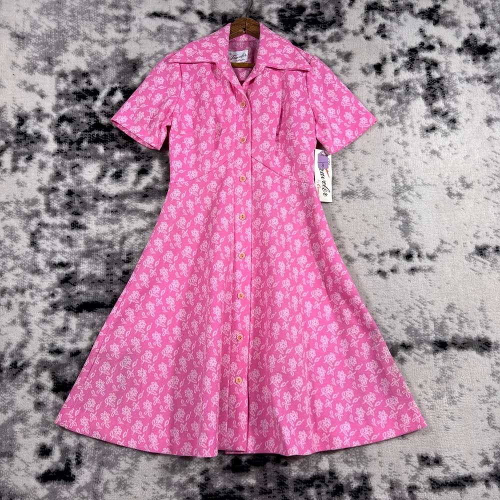 The Traveler by Connie Pink Floral Short Sleeve Button Front Shirt Dress Size 8